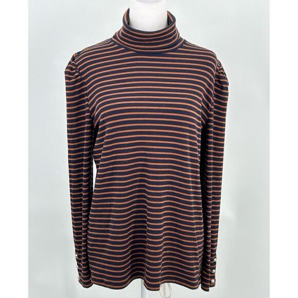 Talbots Striped Turtleneck Buttons on Sleeve Navy Rust Size Large - Picture 1 of 10